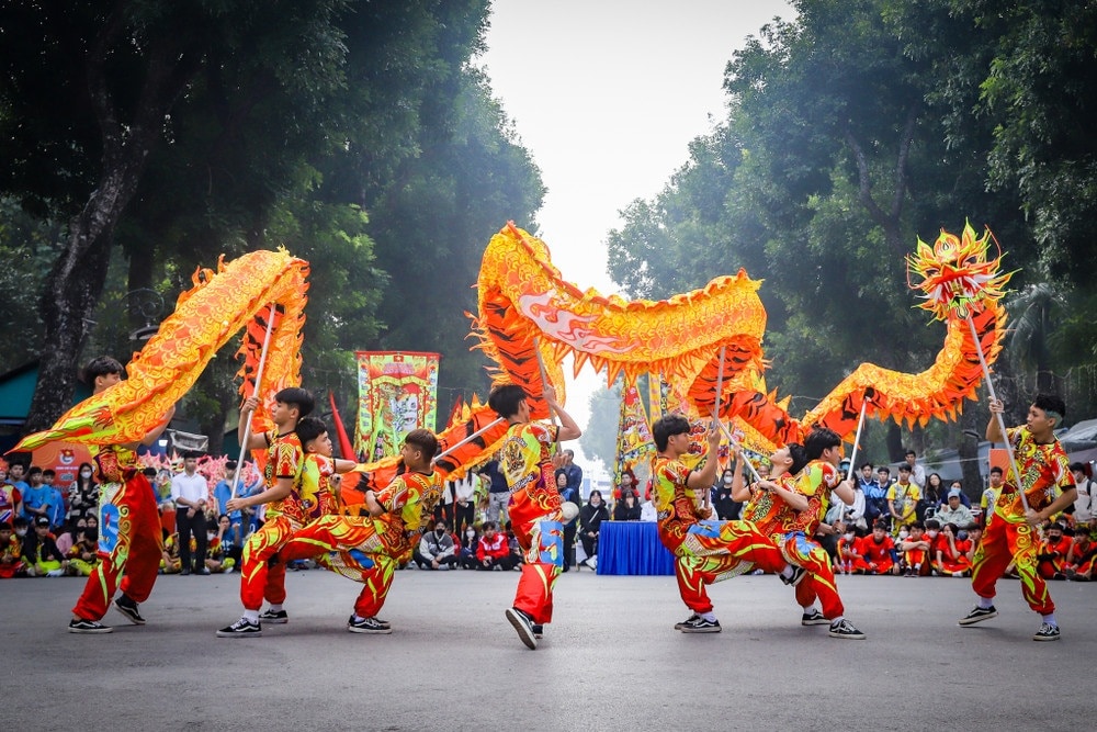 Vietnamese dragon dance is a vibrant traditional performance symbolizing power, prosperity, and good fortune